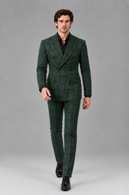 Savile Men's Rust Plaid 2-Piece Double-Breasted Suit – Peak Lapel Slim-Fit Jacket & Trousers Set - Dark Green - Dark Green