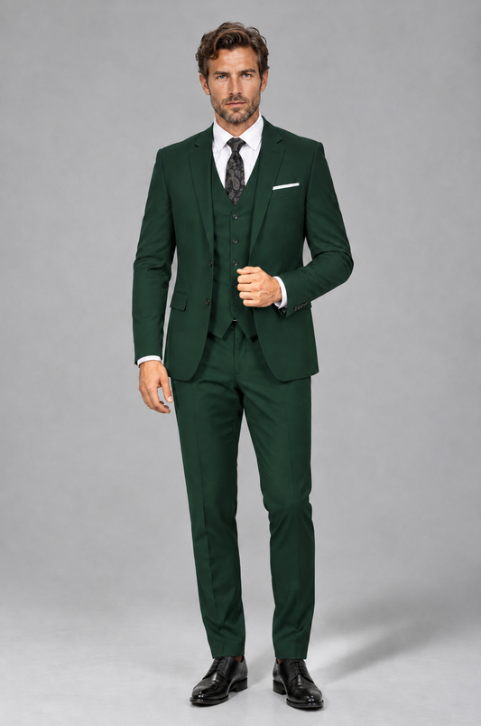 Savile Men's Dark Green 3-Piece Suit Set – Notch Lapel Blazer, Vest & Trousers - Dark Green - Dark_Green_2