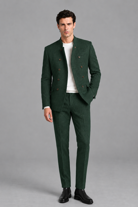 Savile Men's Dark Green Stand Collar Double Breasted Slim Fit 2-Piece Suit Set – Jacket & Trousers | Wedding Gala Formal - Dark_Green