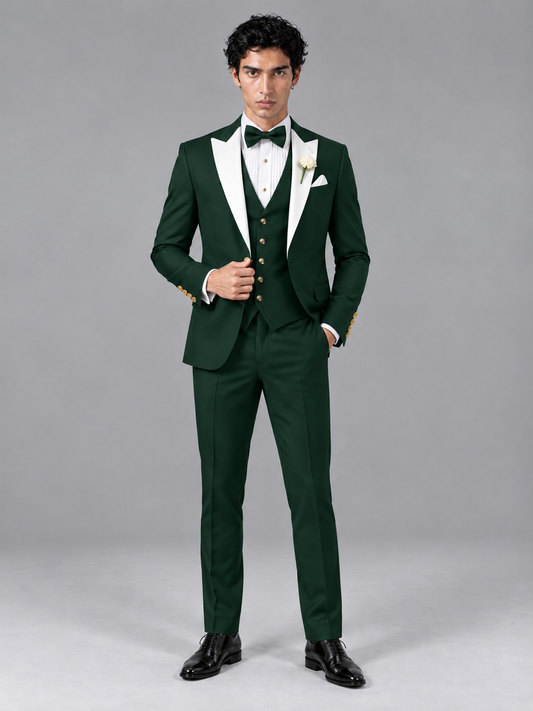 Savile Men's Dark Green Contrast White Peak Lapel 3-Piece Tuxedo Suit - Dark_Green