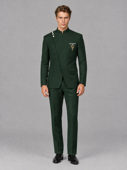 Savile Men's Dark Green Mandarin Collar Asymmetrical 2-Piece Suit Set – Modern Jacket & Trousers - Dark Green - Dark Green_2