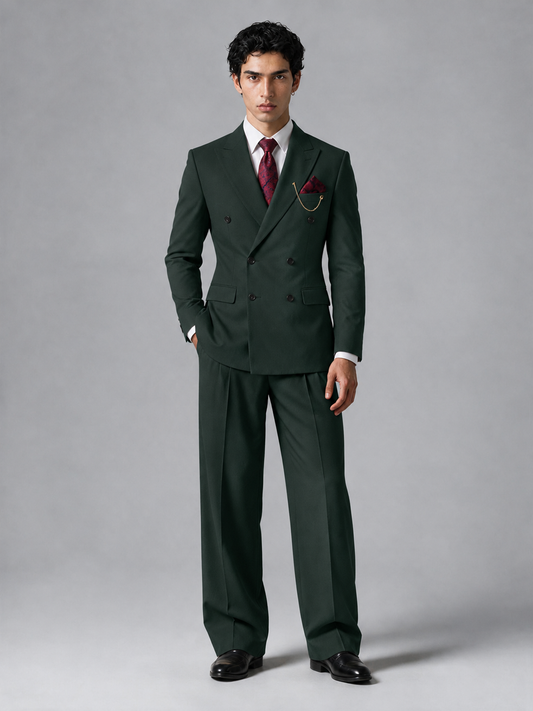 Savile Men's Dark Green Double-Breasted 2-Piece Suit Set – Peak Lapel Blazer & Pleated Wide-Leg Trousers - Dark Green - Dark Green_2