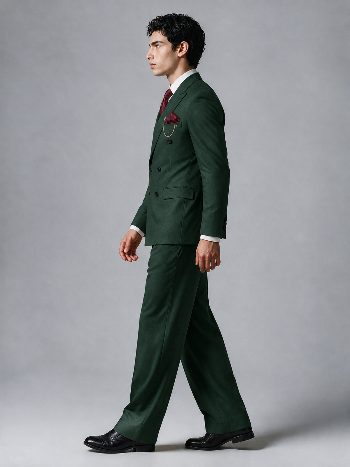 Savile Men's Dark Green Double-Breasted 2-Piece Suit Set – Peak Lapel Blazer & Pleated Wide-Leg Trousers - Dark Green - Dark Green_4