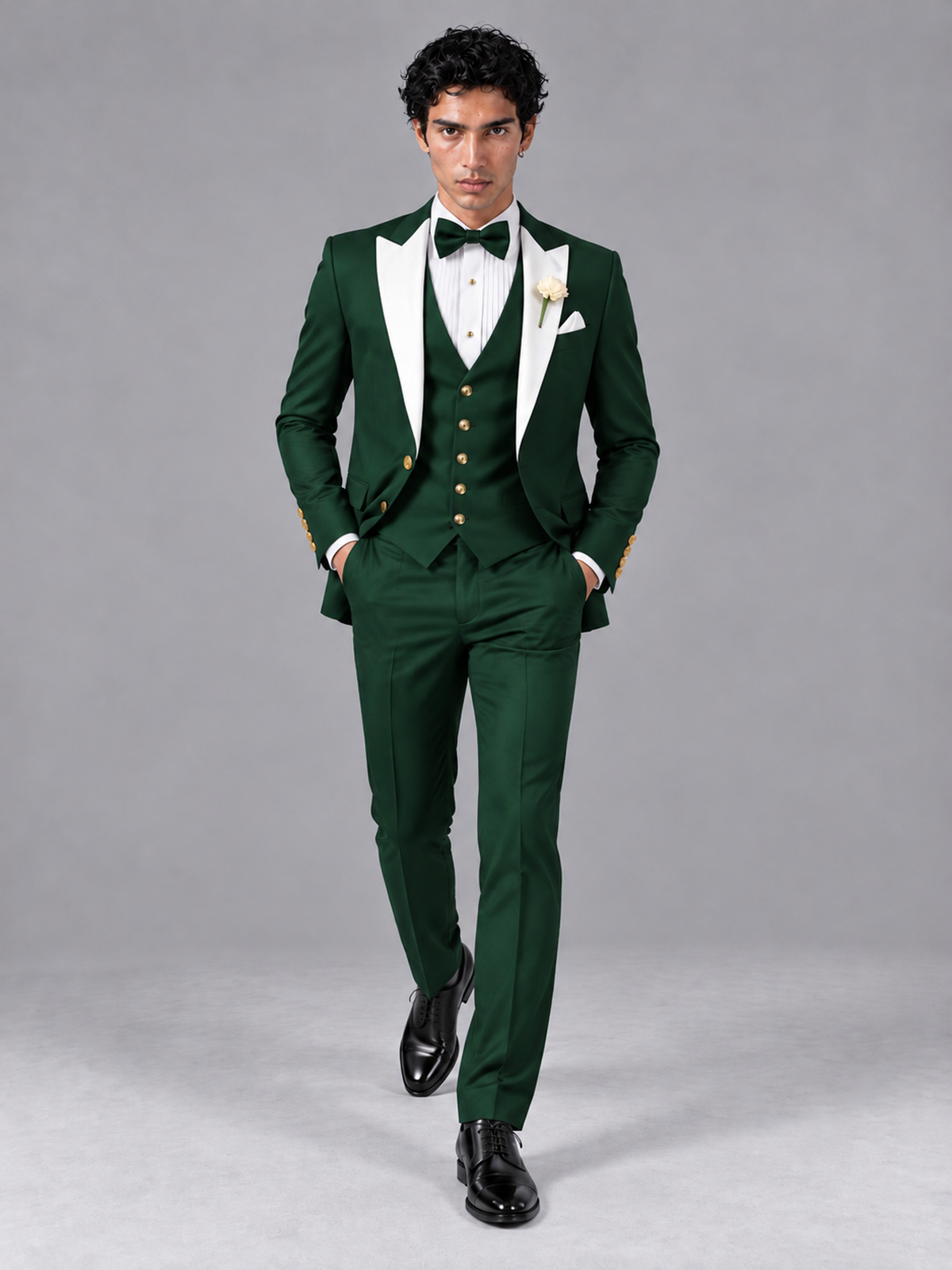 Savile Men's Dark Green Contrast White Peak Lapel 3-Piece Tuxedo Suit - Dark_Green