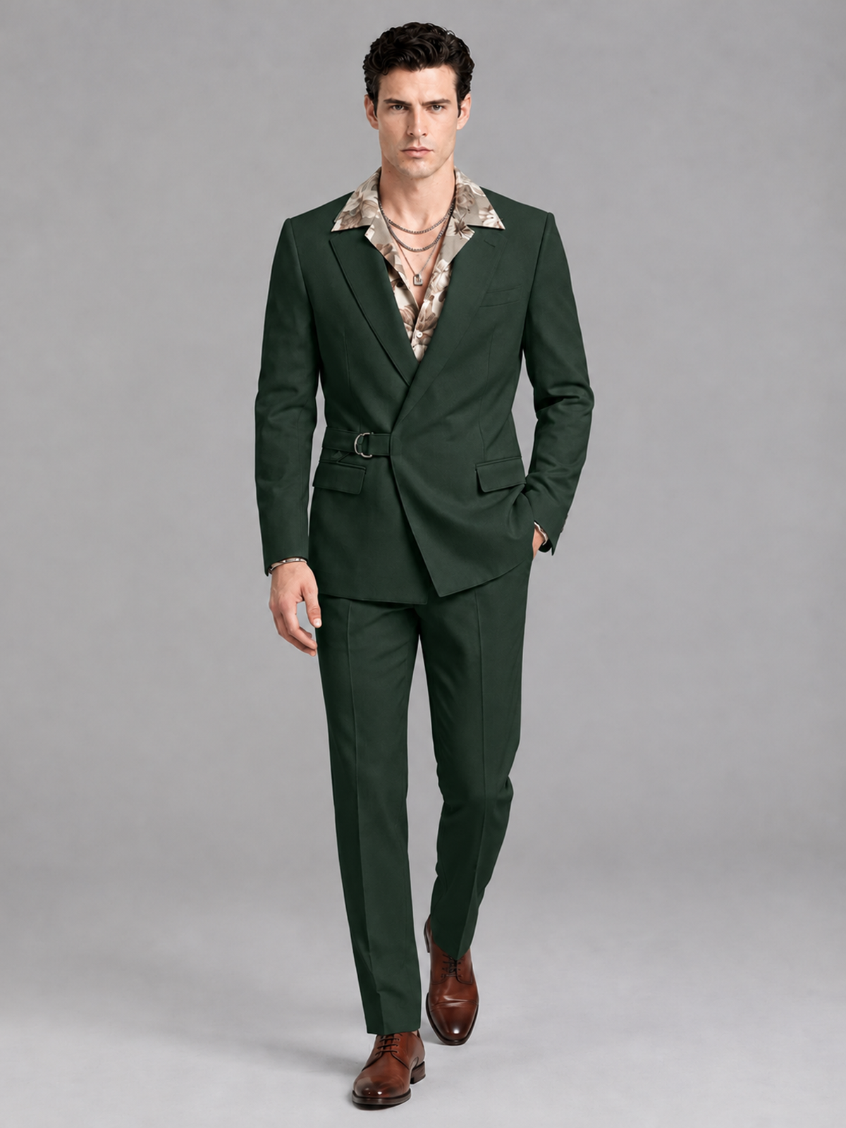 Savile Men's Dark Green Belted Wrap 2-Piece Suit – Peak Lapel Blazer & Tailored Trousers - SUC060 - Dark Green - Dark Green_4