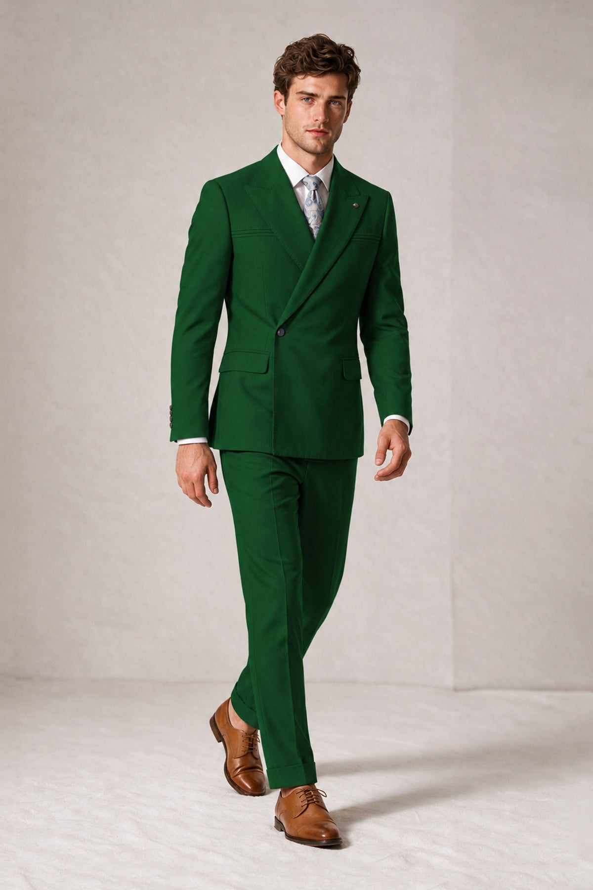 Savile Men's Dark Green Double-Breasted Slim Fit 2-Piece Suit Set – Peak Lapel Blazer & Cuffed Trousers | Wedding Prom Formal - Dark Green