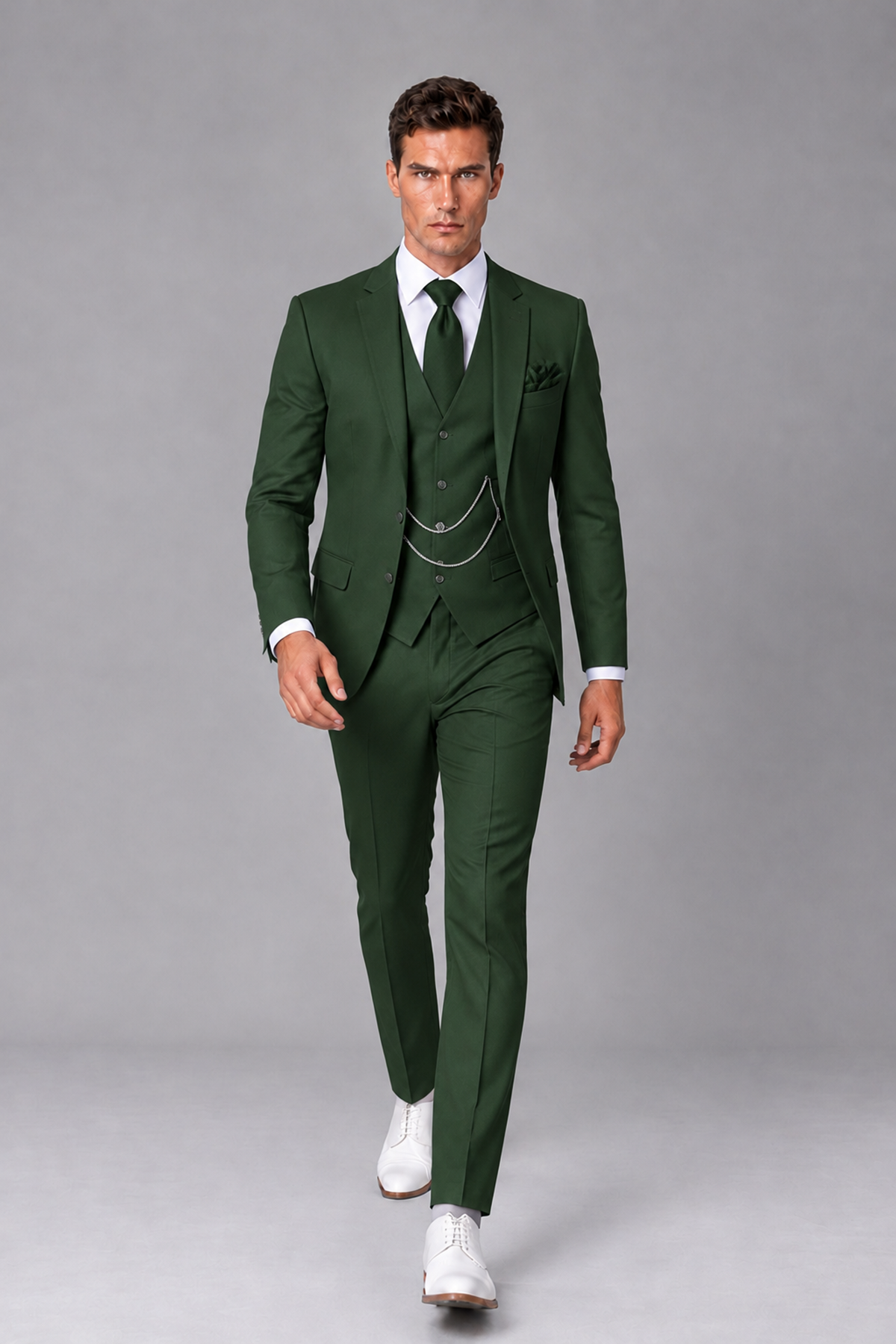 Savile Dark Green 3-Piece Suit with Notch Lapel & Chain Vest - Dark Green