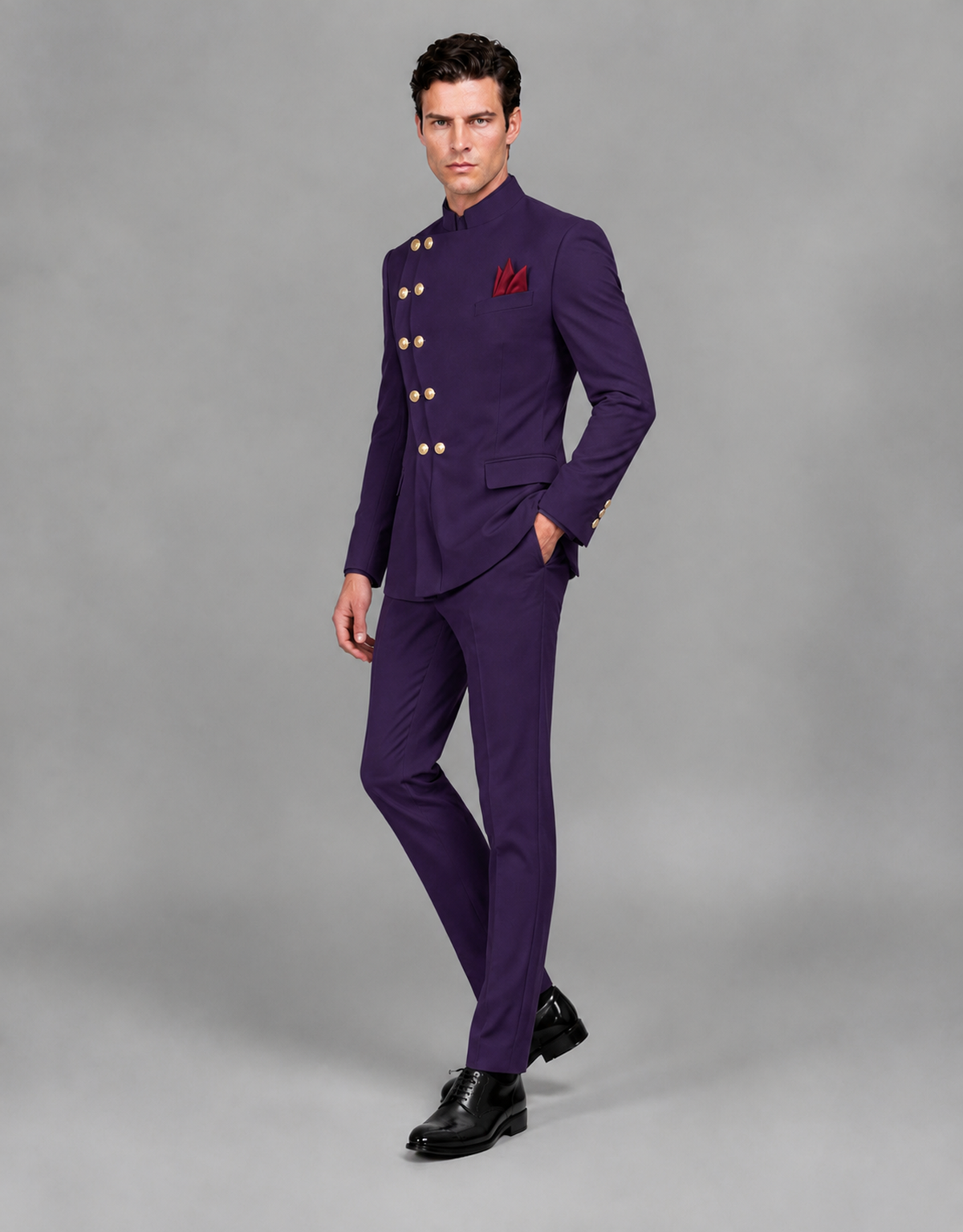 BOLODOO Men's Dark Purple Asymmetrical Mandarin Collar Tuxedo Suit – Modern 2-Piece Gold Button Wedding, Prom & Gala Set - Dark Purple - Dark Purple_04