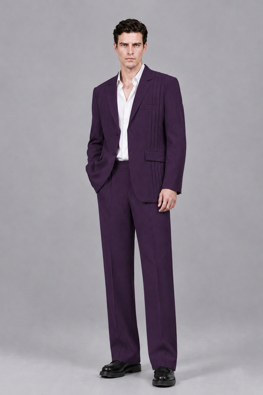 Savile Men's Dark Purple Pleated 2-Piece Suit Set | Notch Lapel Blazer & Tailored Trousers - Dark Purple - Dark Purple_2