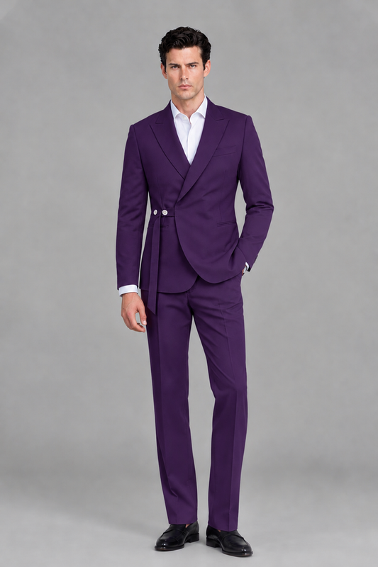 Savile Men's Modern Dark Purple 2-Piece Wrap Suit Set – Peak Lapel Side-Button Blazer & Tailored Trousers - Dark Purple - Dark_Purple_2