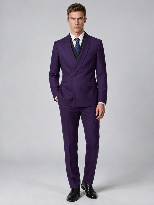 Savile Men's Dark Purple Wrap Shawl Lapel 2-Piece Suit Set – Modern Jacket & Trousers - Dark Purple - Dark Purple_2