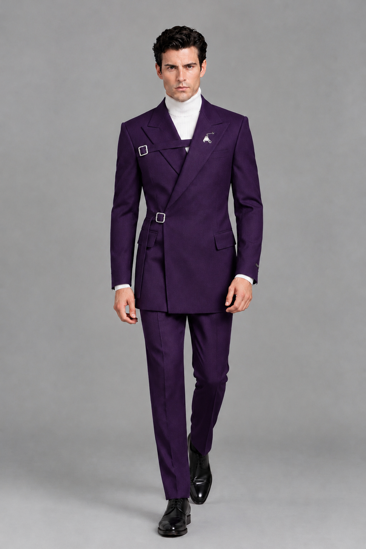 Savile Men's Dark Purple Double Buckle Wrap Belted 2-Piece Suit Set – Peak Lapel Slim-Fit Jacket & Trousers - Dark Purple - Dark Purple_5