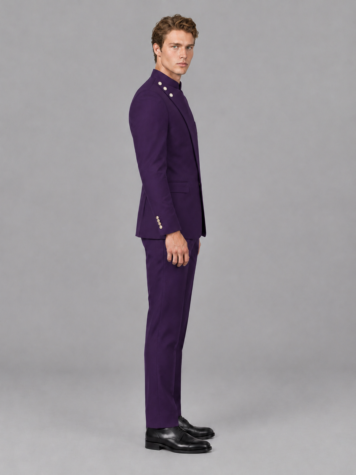 Savile Men's Dark Purple Mandarin Collar Asymmetrical 2-Piece Suit Set – Modern Jacket & Trousers - Dark Purple - Dark Purple_5
