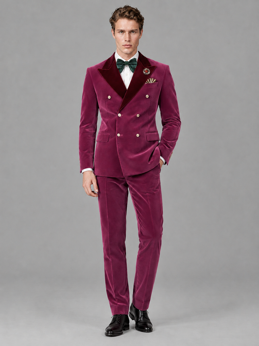 Savile Men's Desert Rose Velvet Double-Breasted 2-Piece Tuxedo Suit with Burgundy Peak Lapel - Desert_Rose