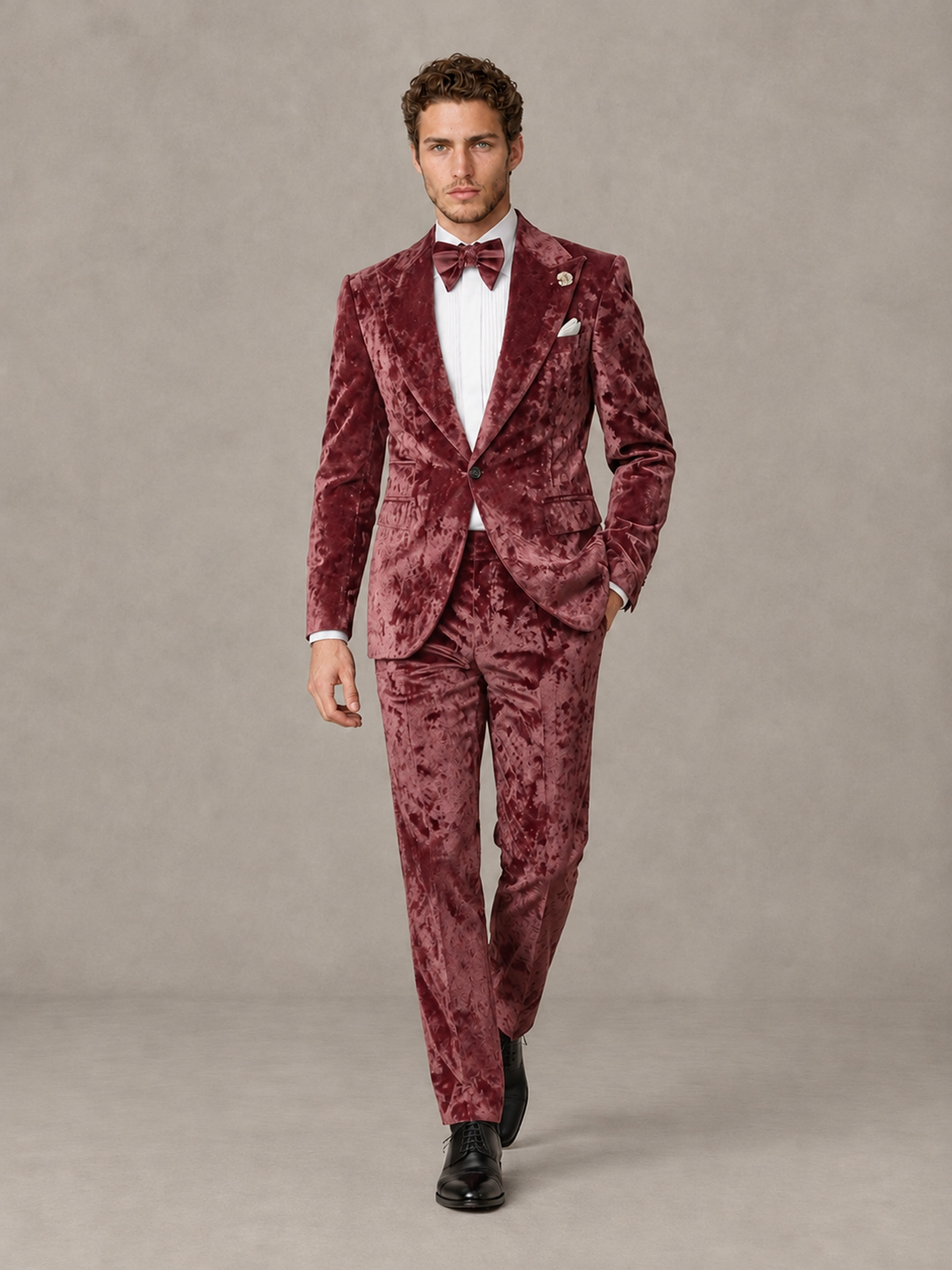 Savile Men's Desert Rose Crushed Velvet Peak Lapel 2-Piece Suit Set | Jacket & Trousers - Desert Rose - Desert Rose (4)