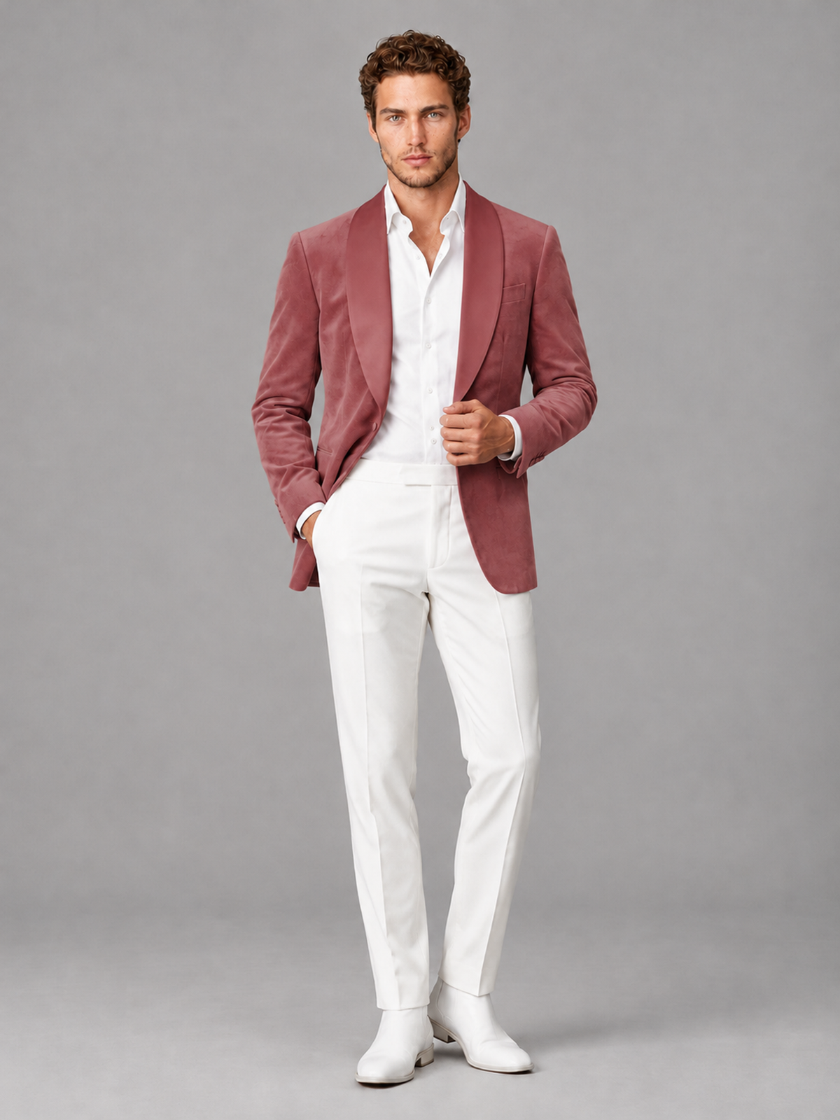 Savile Men's Desert Rose Velvet Shawl Lapel 2-Piece Tuxedo Suit Set | Jacket & White Trousers - Desert Rose - Desert Rose (4)