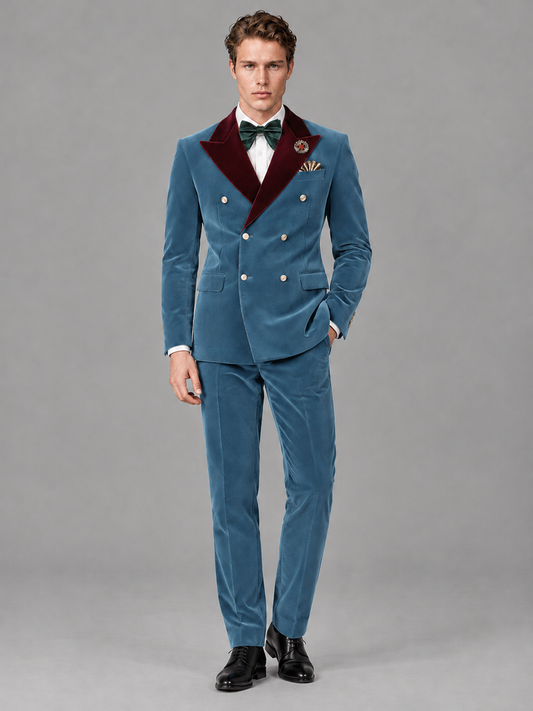 Savile Men's Dusty Blue Velvet Double-Breasted 2-Piece Tuxedo Suit with Burgundy Peak Lapel - Dusty_Blue