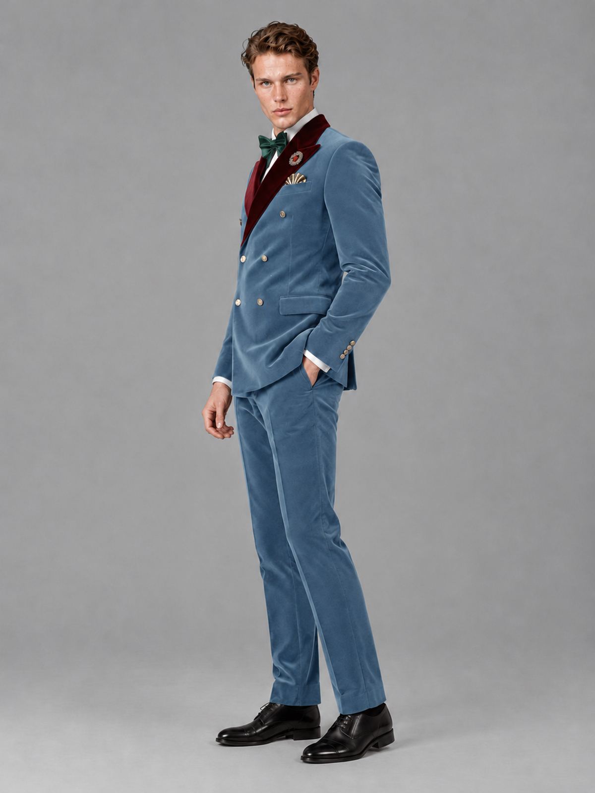 Savile Men's Dusty Blue Velvet Double-Breasted 2-Piece Tuxedo Suit with Burgundy Peak Lapel - Dusty_Blue