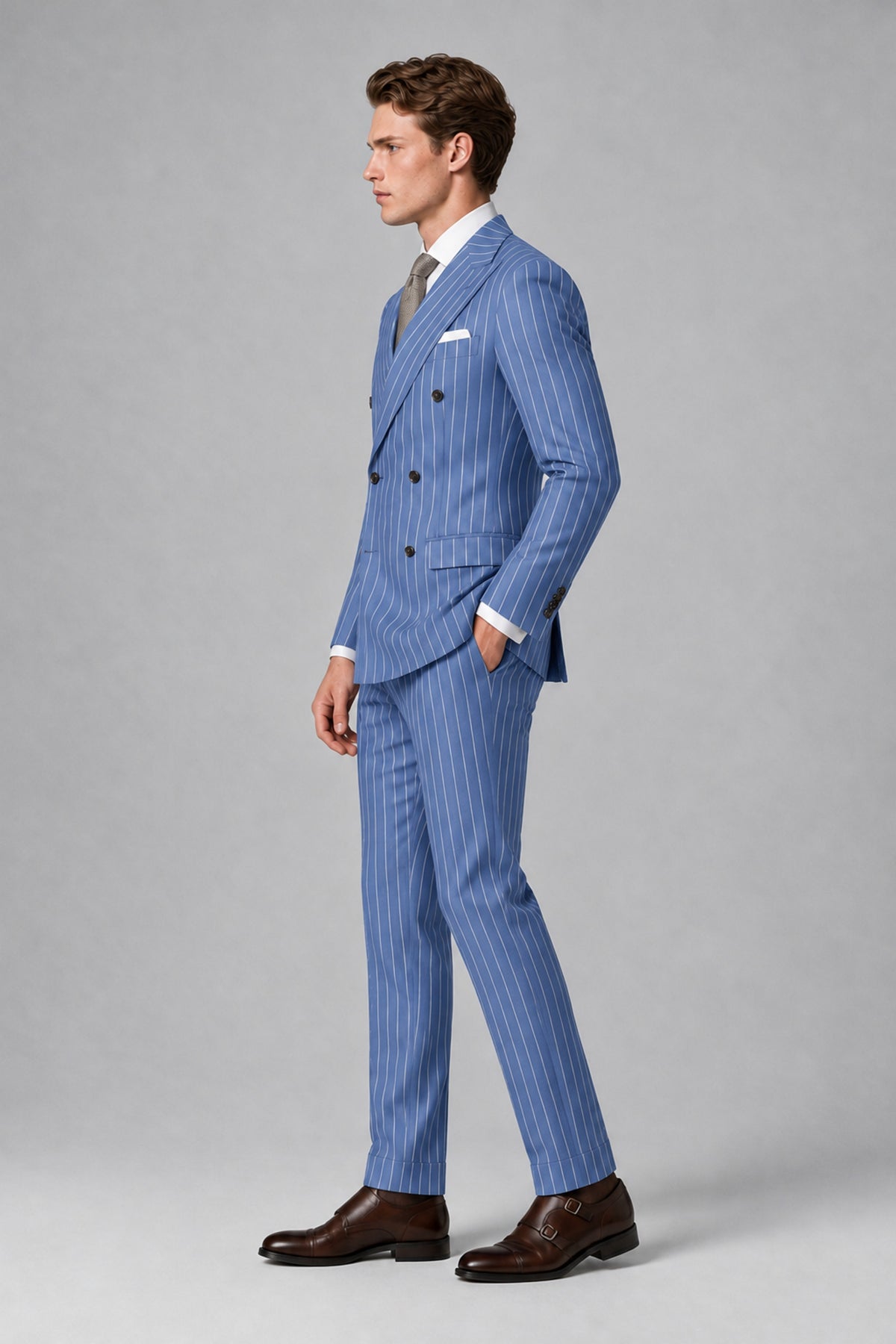 Savile Men's Dusty Blue Pinstripe Double-Breasted 2-Piece Suit – Jacket & Trousers | QX0102 - Dusty Blue