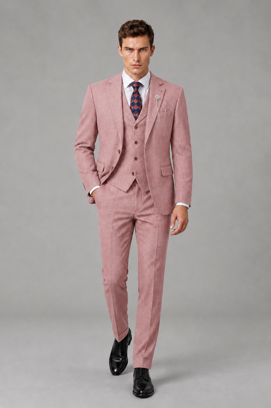 Savile Men's Grey Notch Lapel 3-Piece Suit Set | Jacket, Vest & Trousers - Dusty Rose - Dusty Rose