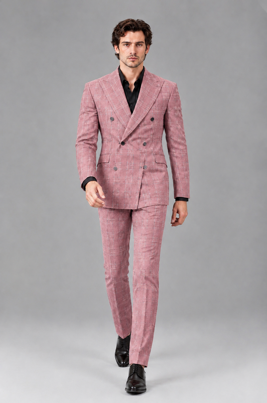 Savile Men's Rust Plaid 2-Piece Double-Breasted Suit – Peak Lapel Slim-Fit Jacket & Trousers Set - Dusty Rose - Dusty Rose