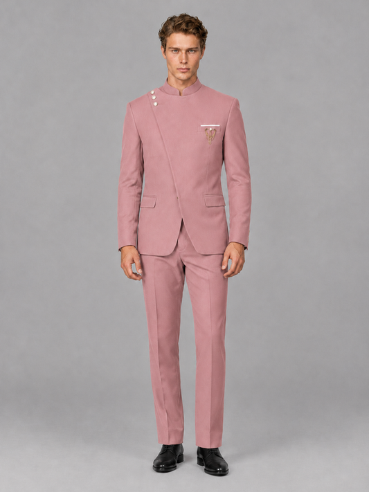 Savile Men's Dusty Rose Mandarin Collar Asymmetrical 2-Piece Suit Set – Modern Jacket & Trousers - Dusty Rose - Dusty Rose_2