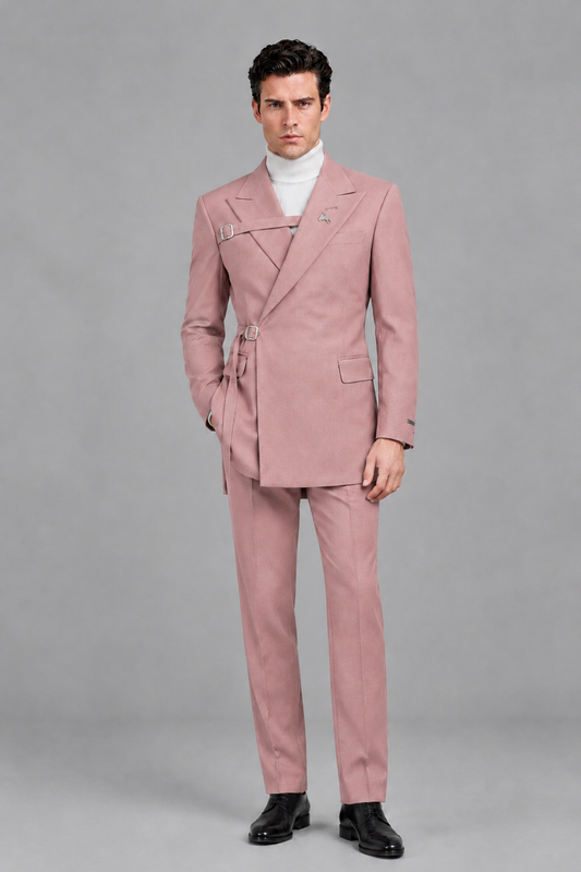 Savile Men's Dusty Rose Double Buckle Wrap Belted 2-Piece Suit Set – Peak Lapel Slim-Fit Jacket & Trousers - Dusty Rose - Dusty Rose_2