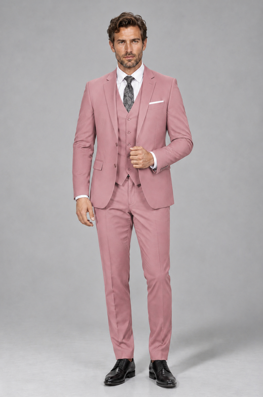Savile Men's Dusty Rose 3-Piece Suit Set – Notch Lapel Blazer, Vest & Trousers - Dusty Rose - Dusty_Rose_2