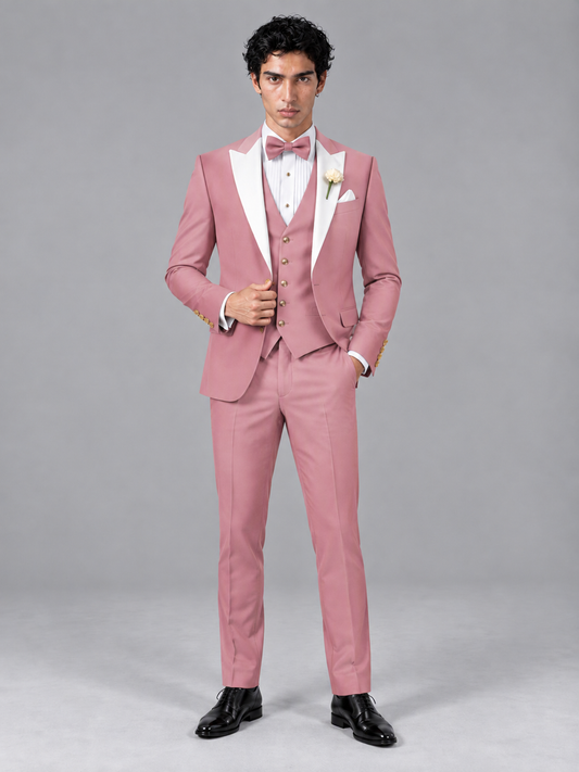 Savile Men's Dusty Rose Contrast White Peak Lapel 3-Piece Tuxedo Suit - Dusty_Rose