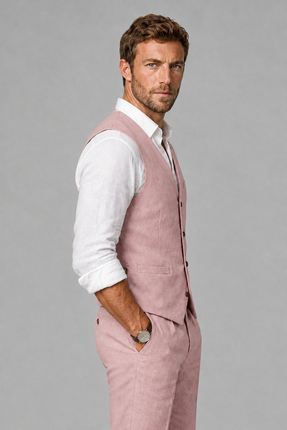Men's Dusty Rose Linen Blend Single-Breasted V-Neck Suit Vest | Savile QX0101 - Dusty Rose