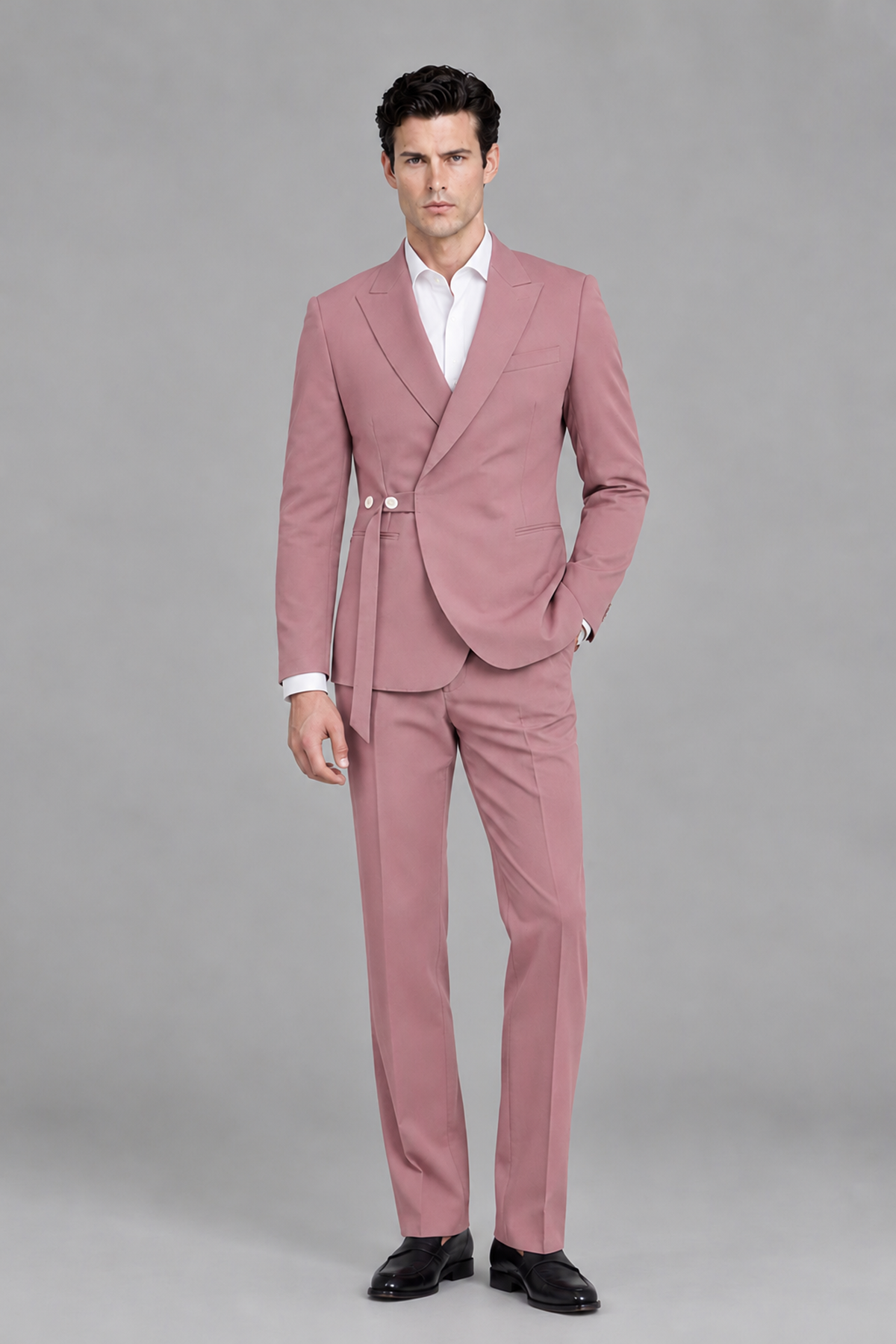 Savile Men's Modern Dusty Rose 2-Piece Wrap Suit Set – Peak Lapel Side-Button Blazer & Tailored Trousers - Dusty Rose - Dusty_Rose_5