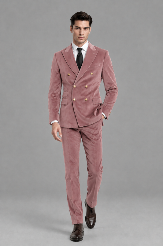 Savile Men's Dusty Rose Velvet Double-Breasted 2-Piece Suit Set | Peak Lapel Blazer & Trousers - Dusty Rose