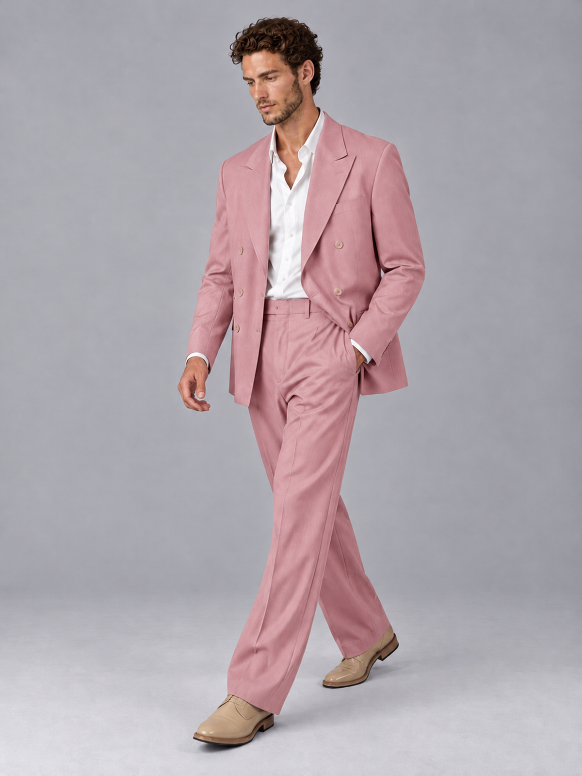 Savile Dusty Rose Beige Double-Breasted 2-Piece Suit with Peak Lapel - Dusty Rose