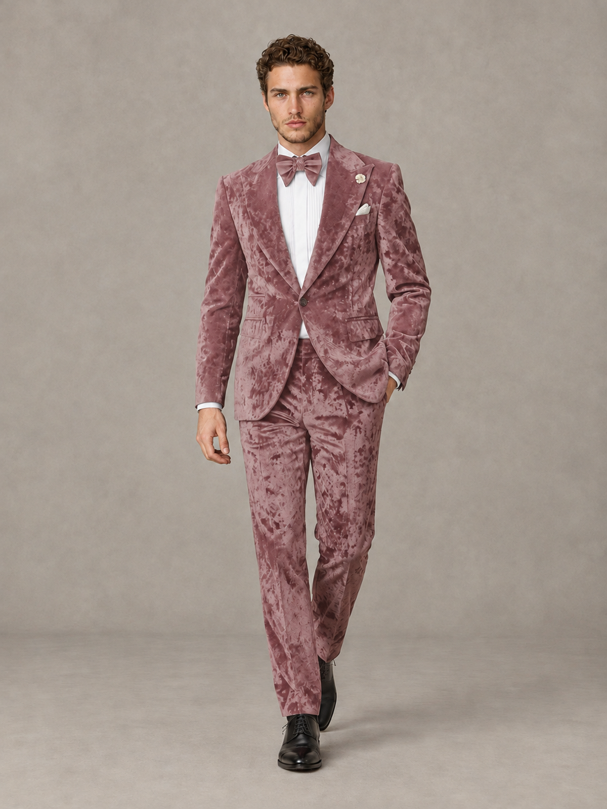 Savile Men's Dusty Rose Crushed Velvet Peak Lapel 2-Piece Suit Set | Jacket & Trousers - Dusty Rose - Dusty Rose (4)