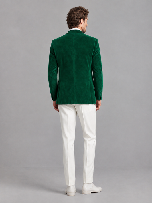 Savile Men's Emerald Green Velvet Shawl Lapel 2-Piece Tuxedo Suit Set | Jacket & White Trousers