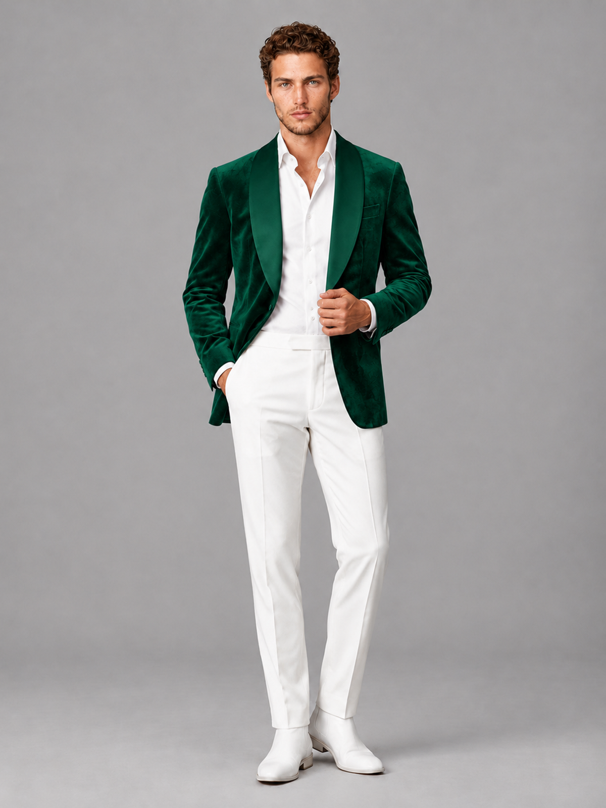 Savile Men's Emerald Green Velvet Shawl Lapel 2-Piece Tuxedo Suit Set | Jacket & White Trousers