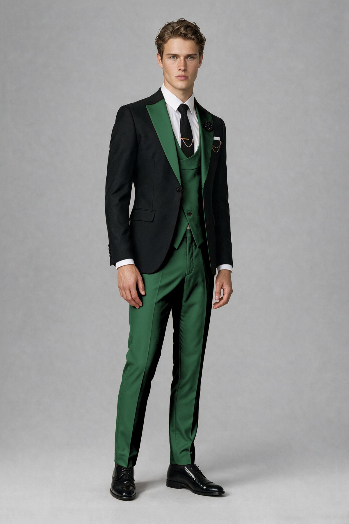 Savile Men's Black & Emerald Green Three-Piece Wedding Suit - Emerald Green