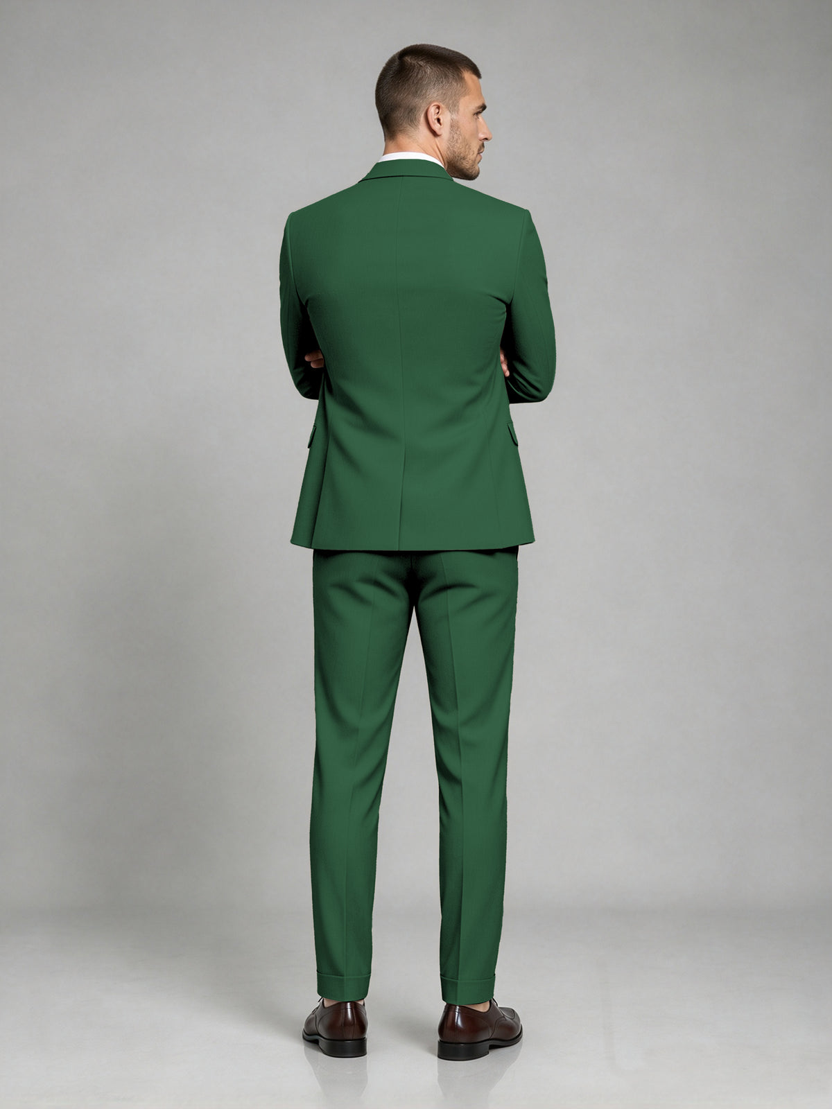 Savile Men's Dark Emerald Green Wool-Blend 2-Piece Suit Set – Two-Button Notch Lapel Slim-Fit Blazer & Turn-Up Trousers - Emerald Green