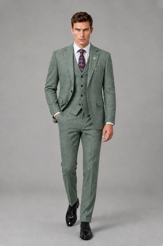 Savile Men's Grey Notch Lapel 3-Piece Suit Set | Jacket, Vest & Trousers - Eucalyptus - Eucalyptus