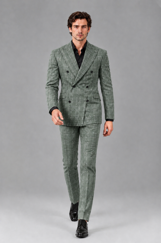 Savile Men's Rust Plaid 2-Piece Double-Breasted Suit – Peak Lapel Slim-Fit Jacket & Trousers Set - Eucalyptus - Eucalyptus