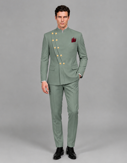 BOLODOO Men's Eucalyptus Asymmetrical Mandarin Collar Tuxedo Suit – Modern 2-Piece Gold Button Wedding, Prom & Gala Set - Eucalyptus - Eucalyptus_02