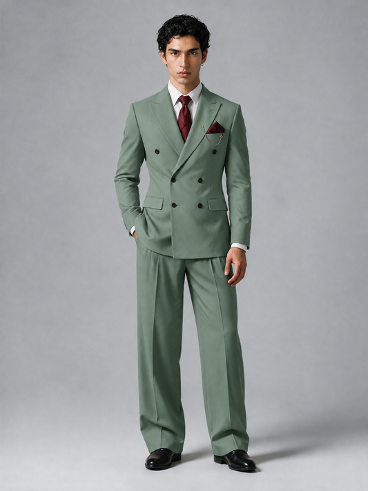 Savile Men's Eucalyptus Double-Breasted 2-Piece Suit Set – Peak Lapel Blazer & Pleated Wide-Leg Trousers - Eucalyptus - Eucalyptus_2