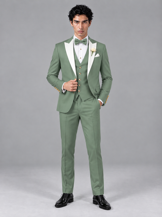 Savile Men's Eucalyptus Contrast White Peak Lapel 3-Piece Tuxedo Suit - Eucalyptus