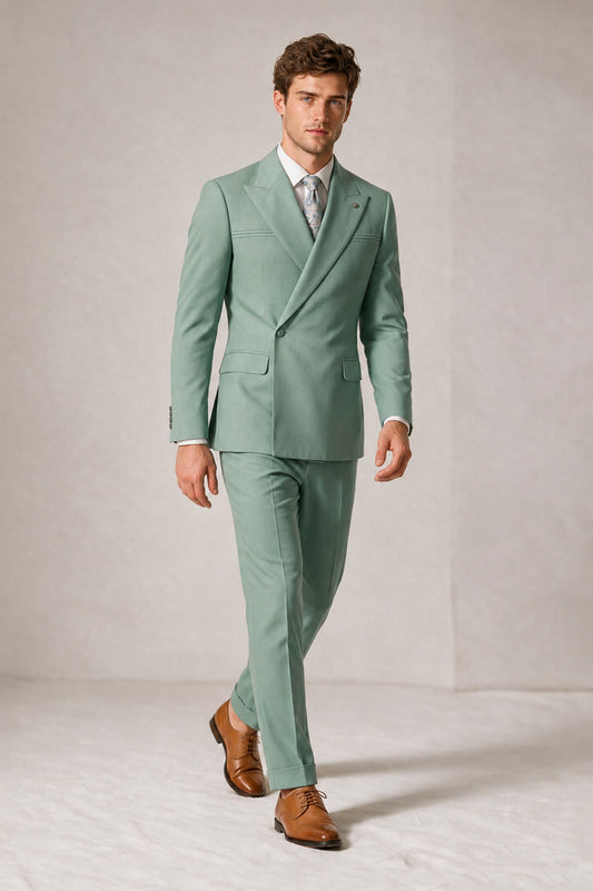 Savile Men's Eucalyptus Double-Breasted Slim Fit 2-Piece Suit Set – Peak Lapel Blazer & Cuffed Trousers | Wedding Prom Formal - Eucalyptus