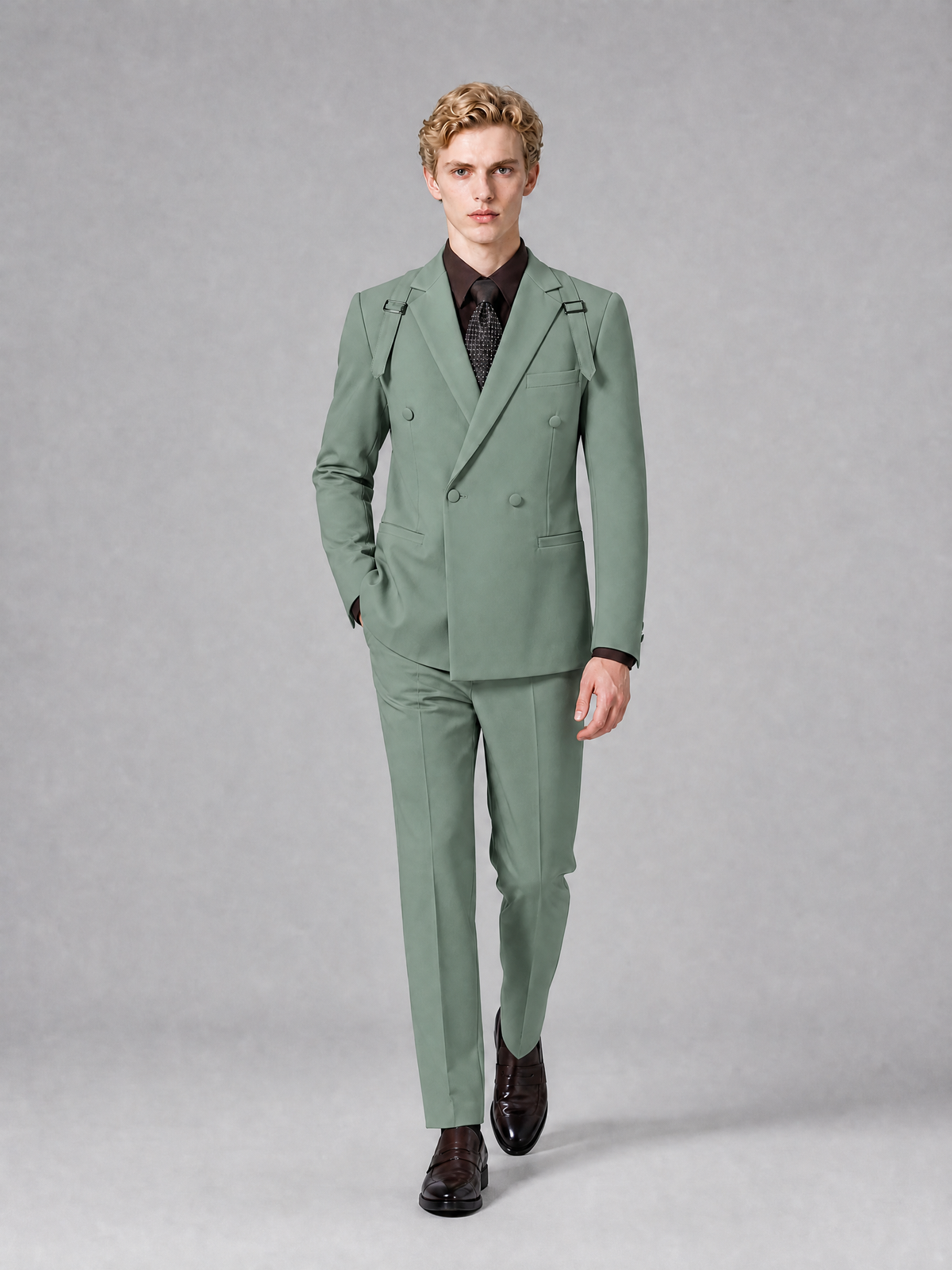 Men's Light Eucalyptus Double-Breasted Slim Fit 2-Piece Suit – Peak Lapel Wedding & Business Formal Set - Eucalyptus - Eucalyptus_4