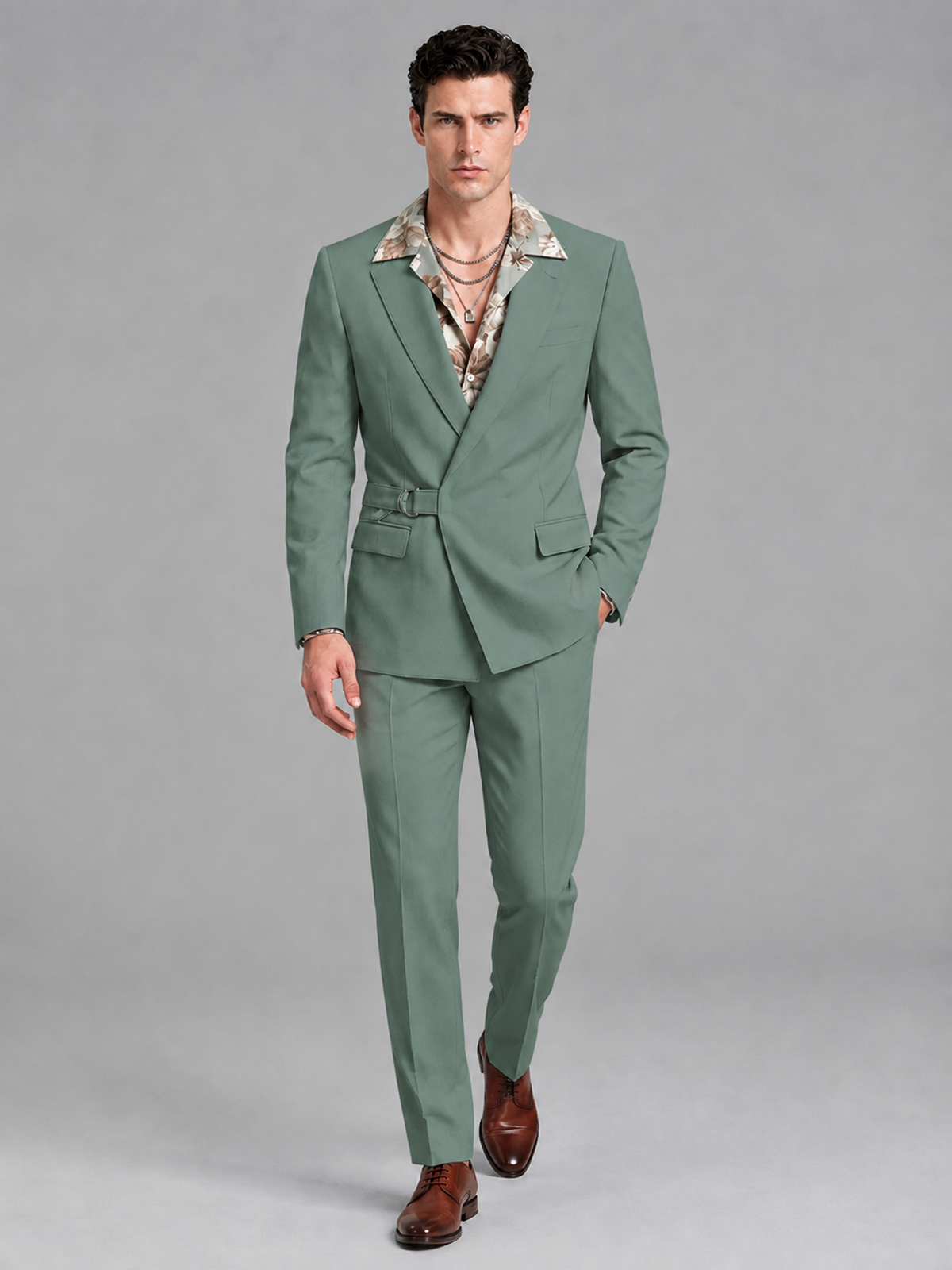 Savile Men's Eucalyptus Belted Wrap 2-Piece Suit – Peak Lapel Blazer & Tailored Trousers - SUC060 - Eucalyptus - Eucalyptus_4