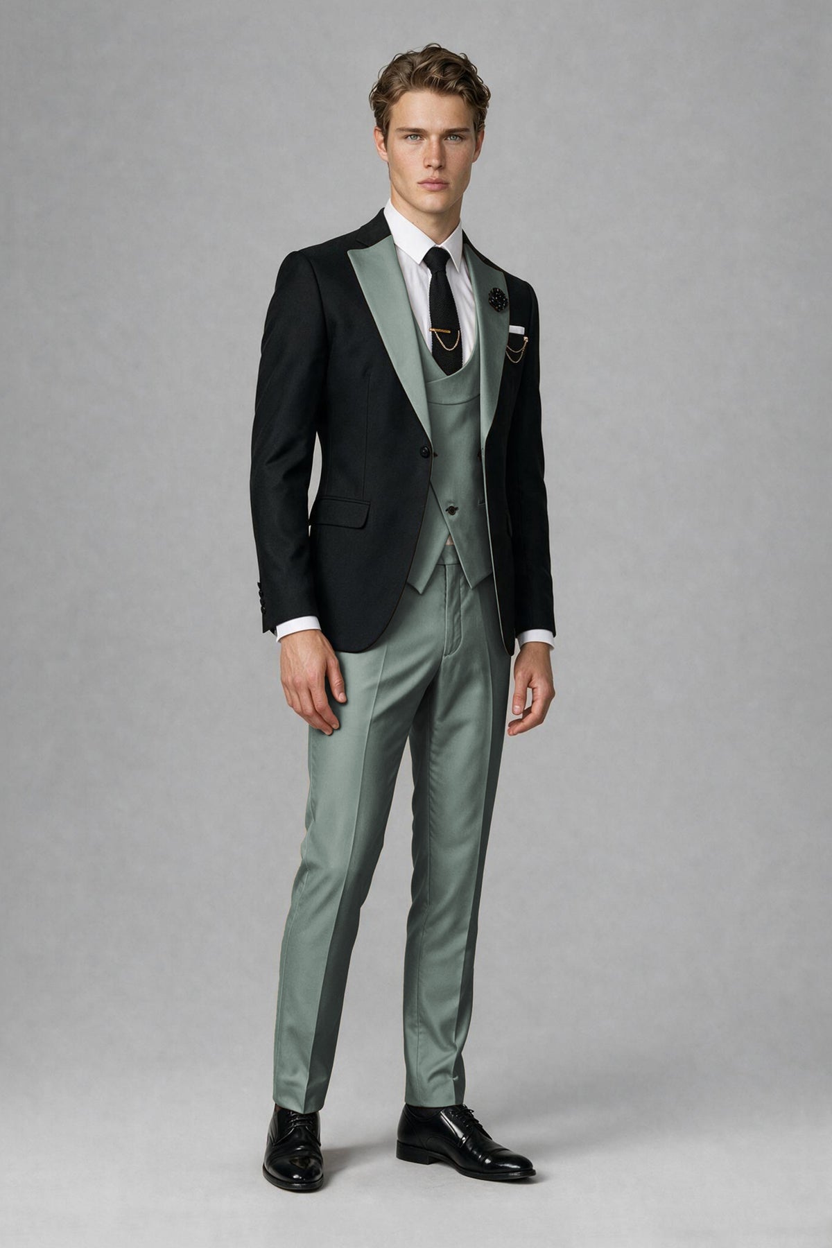 Savile Men's Black & Eucalyptus Three-Piece Wedding Suit - Eucalyptus