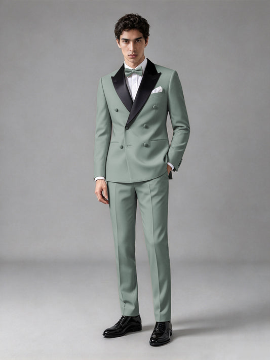 Men's Eucalyptus Double-Breasted Satin Peak Lapel Tuxedo Suit Set (Jacket + Trousers) - Eucalyptus