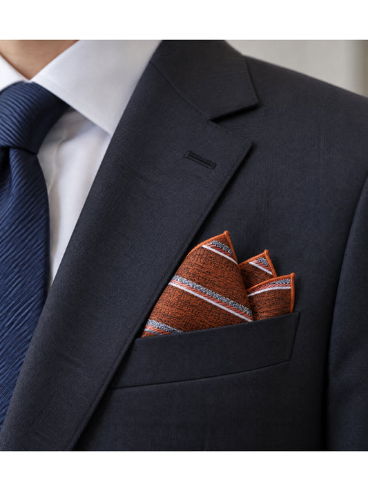 Savile Men's Brown Striped Jacquard Pocket Square – Classic Woven Suit Handkerchief