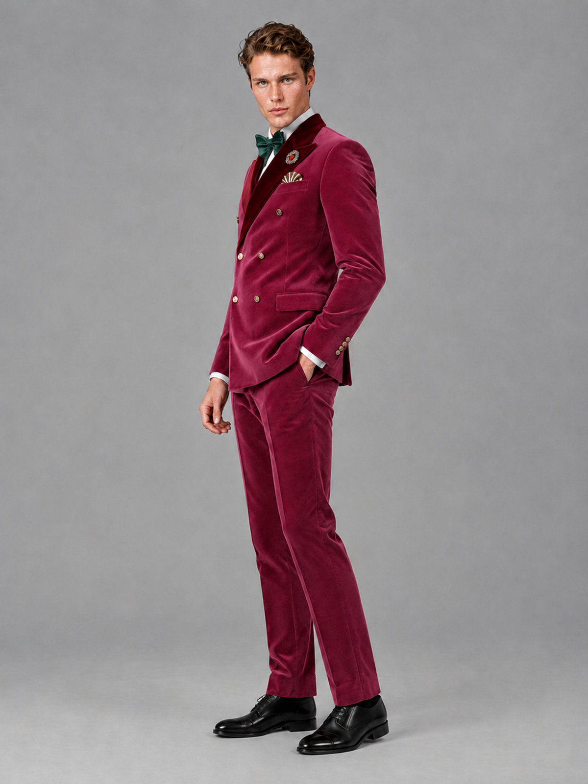 Savile Men's Fuchsia Velvet Double-Breasted 2-Piece Tuxedo Suit with Burgundy Peak Lapel - Fuchsia
